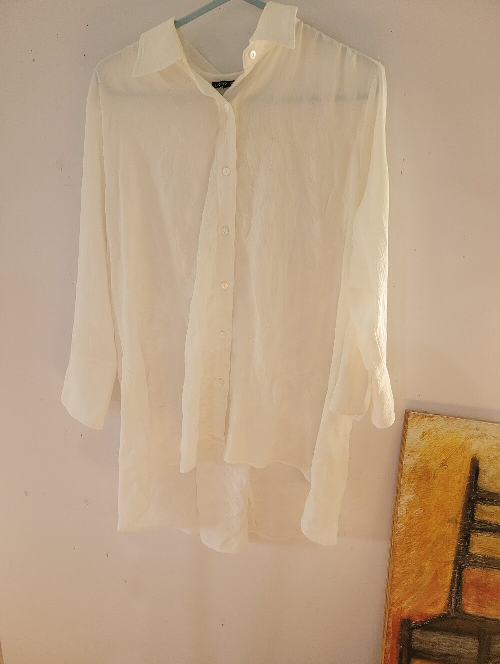 Boho Chic XL Oversized Sheer Button-Down Blouse in Cream Zipper Detail